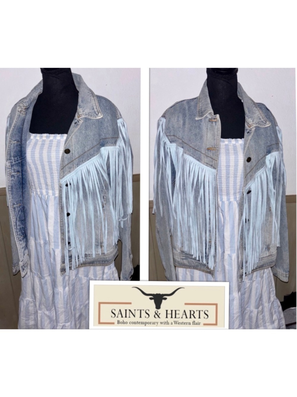 Saints & Hearts Festival Suede Fringe Boho Western Denim Jacket Womens Med
